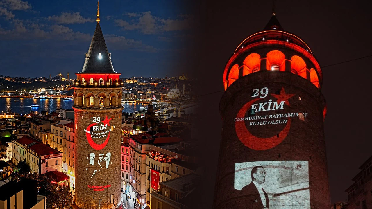 Cumhuriyet’in 103. yılında Galata Kulesi, Atatürk’ün fotoğraflarıyla aydınlatıldı